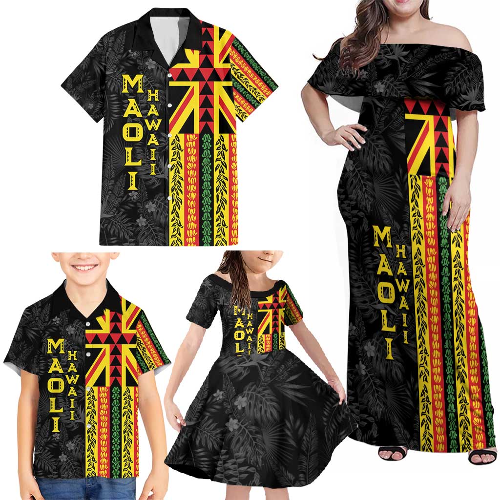 Hawaii Maoli Spirit Family Matching Off Shoulder Maxi Dress and Hawaiian Shirt Kakau Pattern With Flower Lei LT05 - Polynesian Pride
