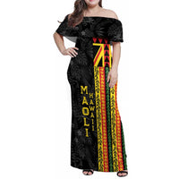 Hawaii Maoli Spirit Family Matching Off Shoulder Maxi Dress and Hawaiian Shirt Kakau Pattern With Flower Lei LT05 Mom's Dress Black - Polynesian Pride