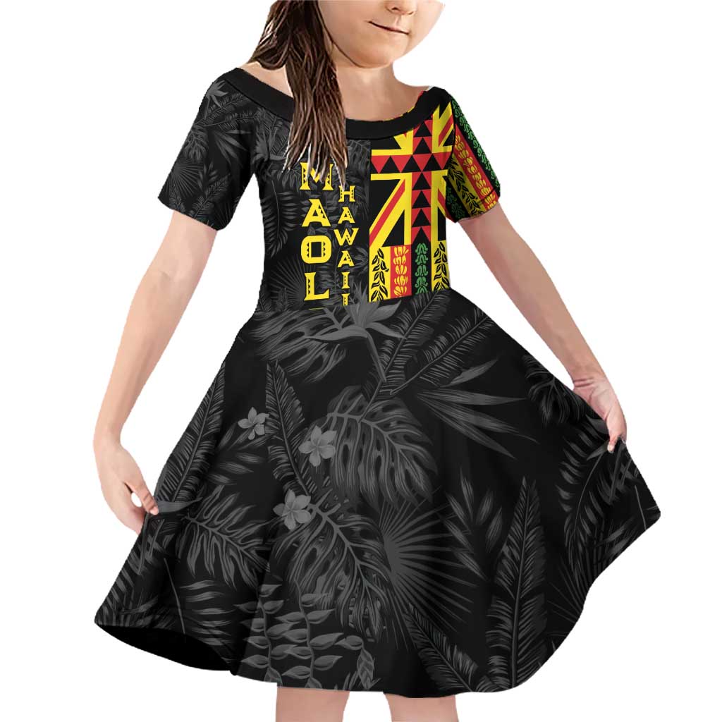 Hawaii Maoli Spirit Family Matching Off Shoulder Short Dress and Hawaiian Shirt Kakau Pattern With Flower Lei LT05 Daughter's Dress Black - Polynesian Pride