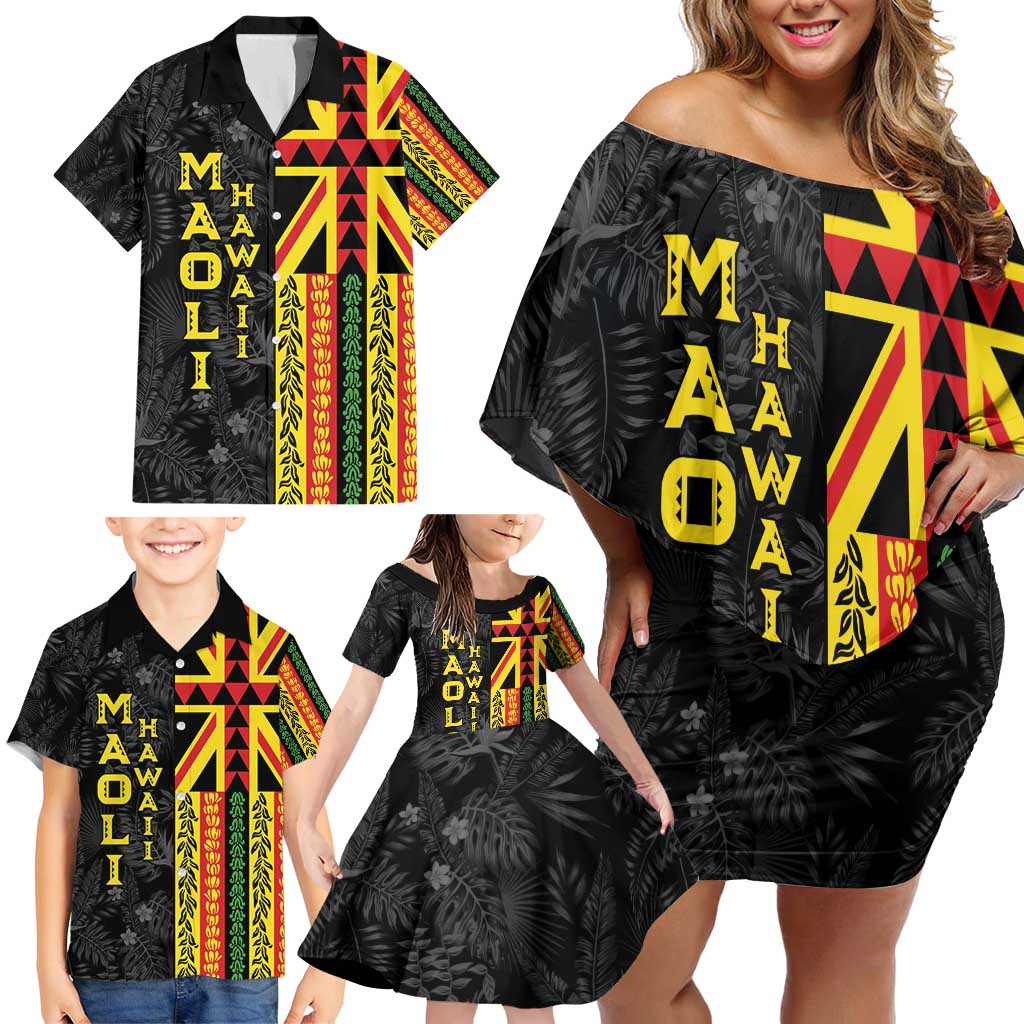 Hawaii Maoli Spirit Family Matching Off Shoulder Short Dress and Hawaiian Shirt Kakau Pattern With Flower Lei LT05 - Polynesian Pride