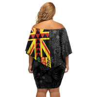 Hawaii Maoli Spirit Family Matching Off Shoulder Short Dress and Hawaiian Shirt Kakau Pattern With Flower Lei LT05 - Polynesian Pride