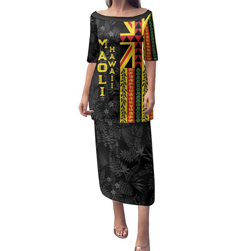 Hawaii Maoli Spirit Family Matching Puletasi and Hawaiian Shirt Kakau Pattern With Flower Lei LT05 Mom's Dress Black - Polynesian Pride