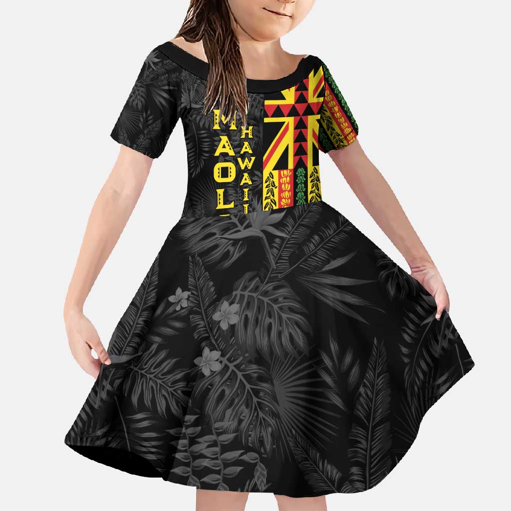Hawaii Maoli Spirit Family Matching Summer Maxi Dress and Hawaiian Shirt Kakau Pattern With Flower Lei LT05 Daughter's Dress Black - Polynesian Pride