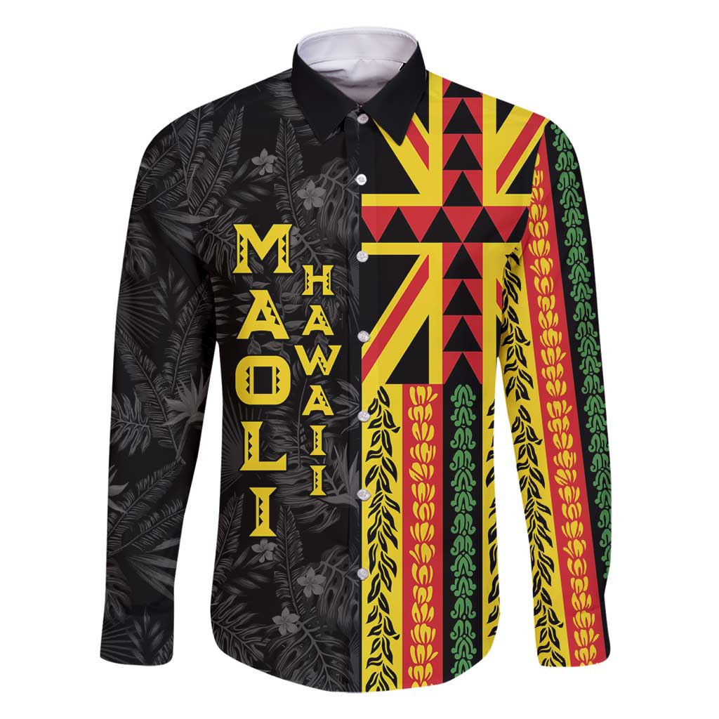 Hawaii Maoli Spirit Family Matching Tank Maxi Dress and Hawaiian Shirt Kakau Pattern With Flower Lei LT05 Dad's Shirt - Long Sleeve Black - Polynesian Pride