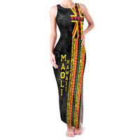Hawaii Maoli Spirit Family Matching Tank Maxi Dress and Hawaiian Shirt Kakau Pattern With Flower Lei LT05 Mom's Dress Black - Polynesian Pride
