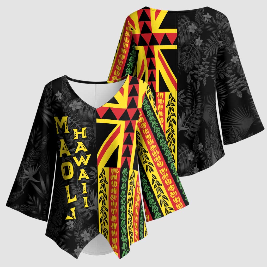 Hawaii Maoli Spirit Kimono Sleeve Blouse Kakau Pattern With Flower Lei - Polynesian Pride