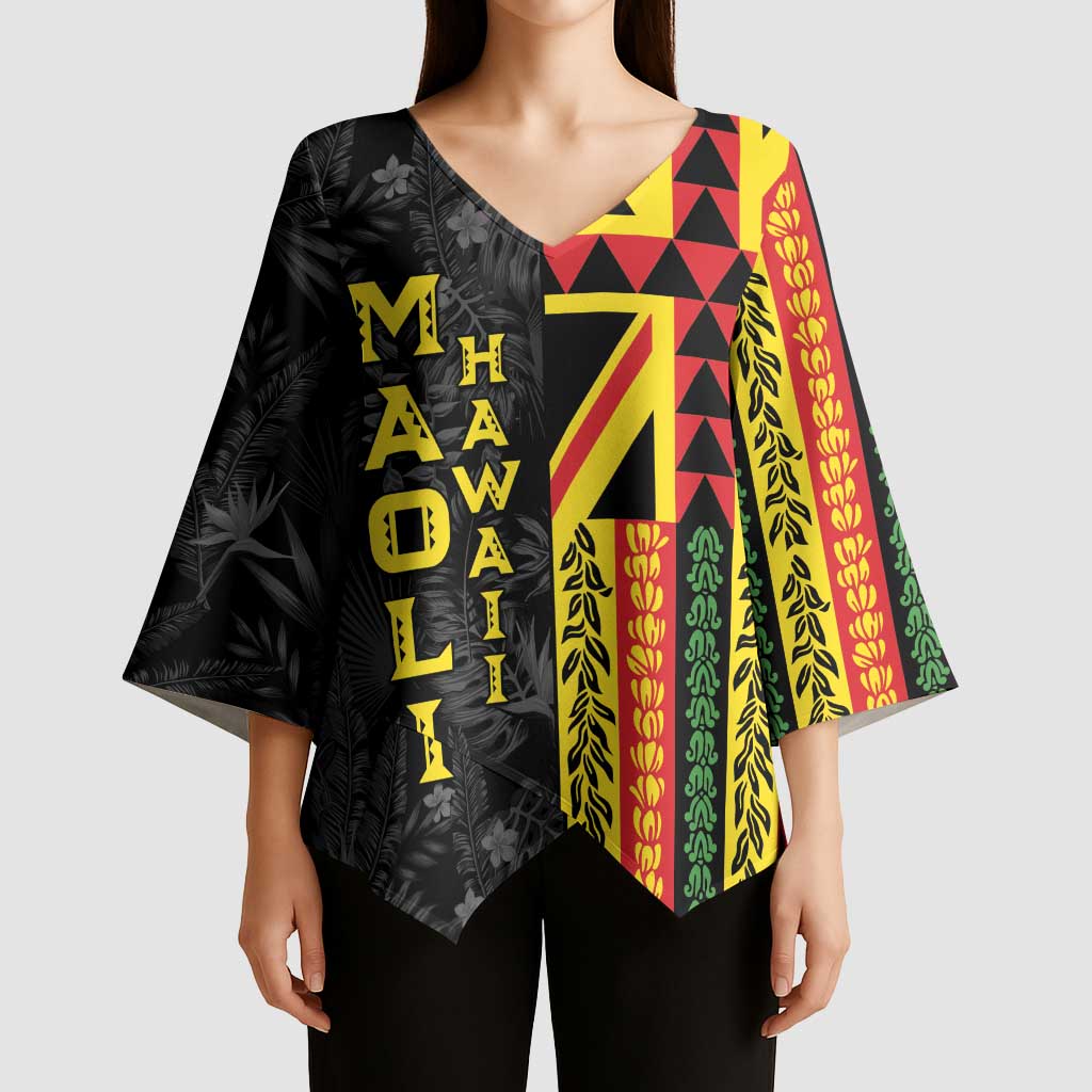 Hawaii Maoli Spirit Kimono Sleeve Blouse Kakau Pattern With Flower Lei - Polynesian Pride