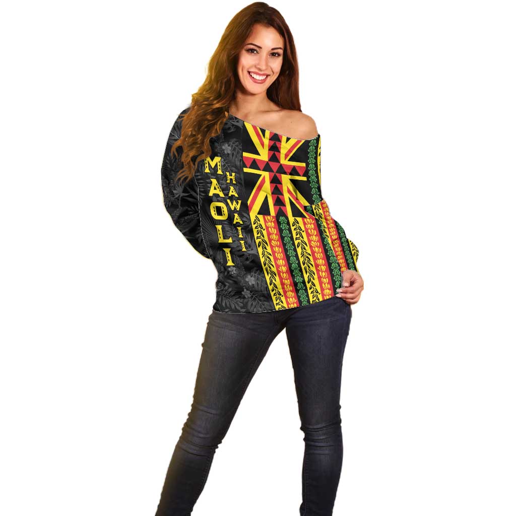 Hawaii Maoli Spirit Off Shoulder Sweater Kakau Pattern With Flower Lei - Polynesian Pride