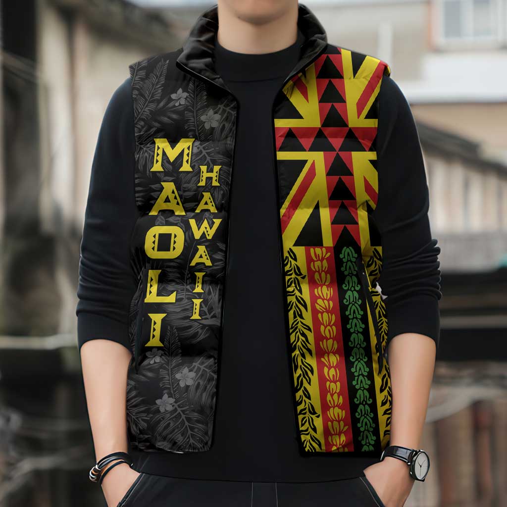 Hawaii Maoli Spirit Sleeveless Puffer Jacket Kakau Pattern With Flower Lei - Polynesian Pride