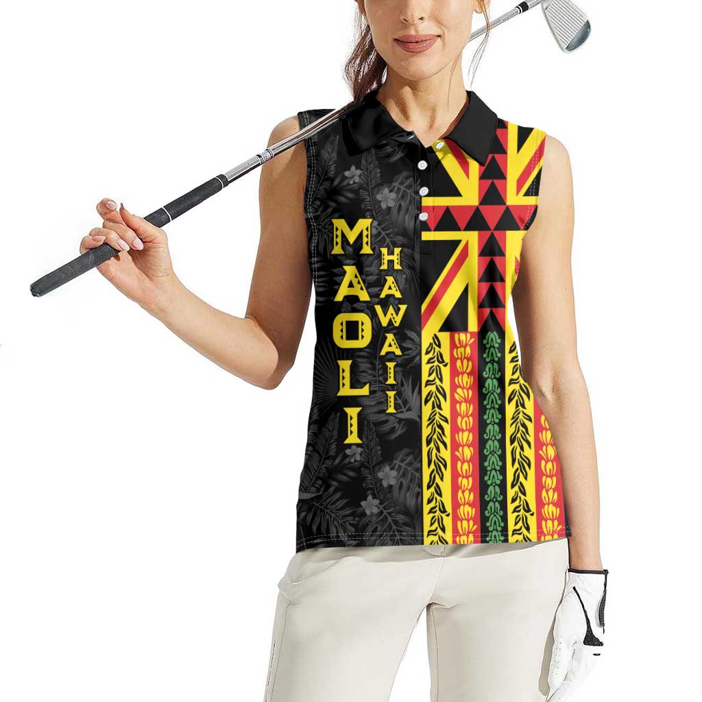 Hawaii Maoli Spirit Women Sleeveless Polo Shirt Kakau Pattern With Flower Lei - Polynesian Pride