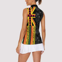 Hawaii Maoli Spirit Women Sleeveless Polo Shirt Kakau Pattern With Flower Lei - Polynesian Pride