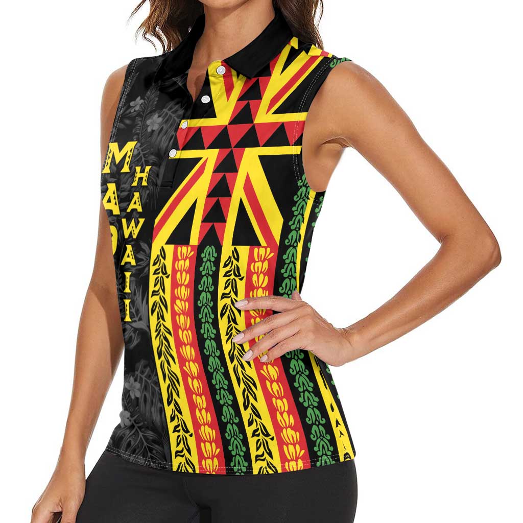 Hawaii Maoli Spirit Women Sleeveless Polo Shirt Kakau Pattern With Flower Lei - Polynesian Pride