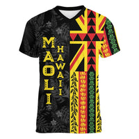 Hawaii Maoli Spirit Women V-Neck T-Shirt Kakau Pattern With Flower Lei - Polynesian Pride