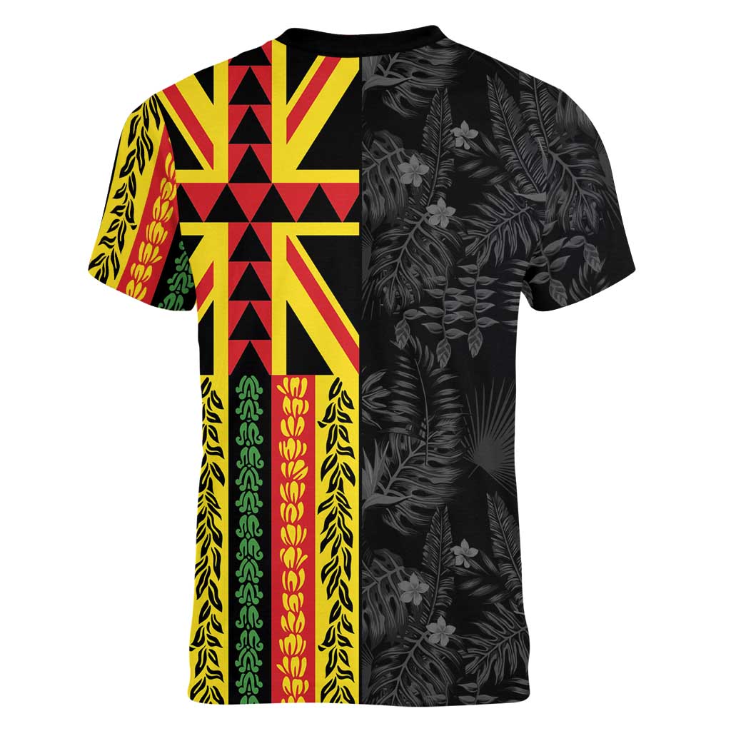 Hawaii Maoli Spirit Women V-Neck T-Shirt Kakau Pattern With Flower Lei - Polynesian Pride