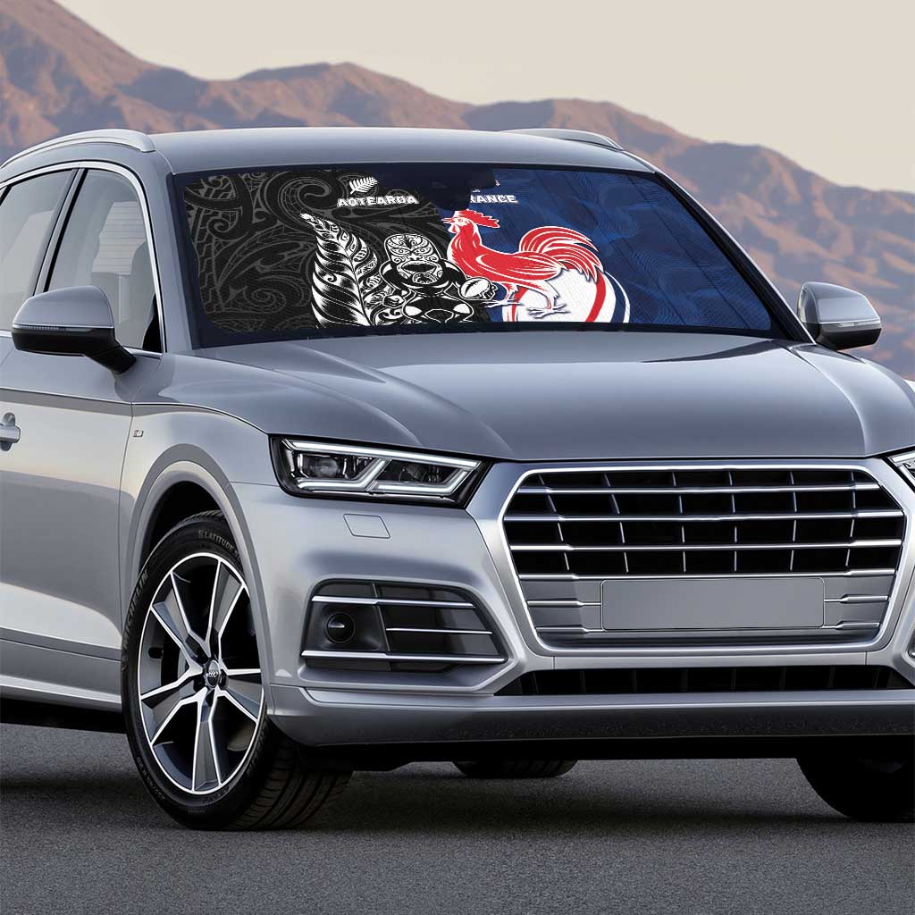 France And New Zealand Rugby Auto Sun Shade Les Bleus Rooster With Maori Tiki - Polynesian Pride