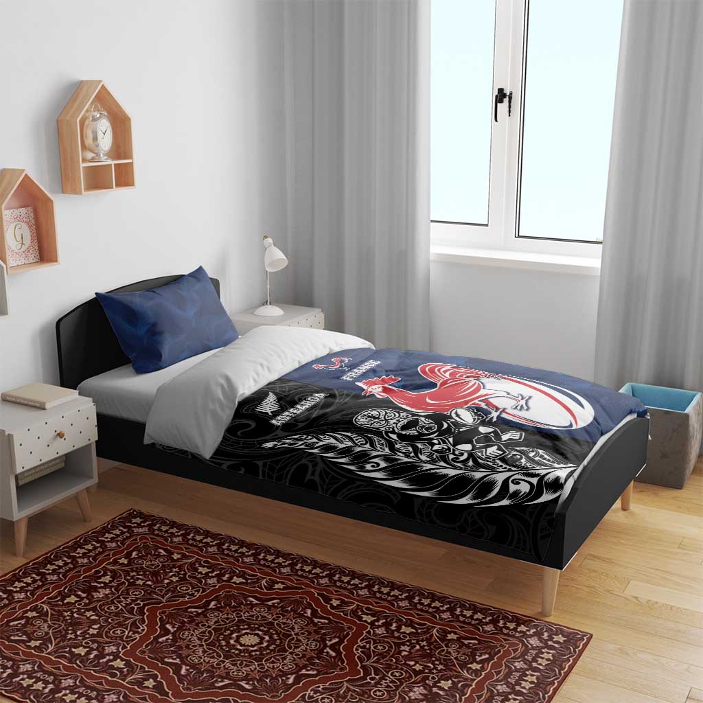 France And New Zealand Rugby Bedding Set Les Bleus Rooster With Maori Tiki - Polynesian Pride