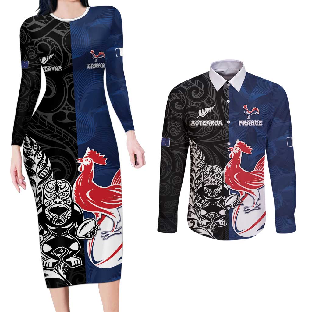 France And New Zealand Rugby Custom Couples Matching Long Sleeve Bodycon Dress and Long Sleeve Button Shirt Les Bleus Rooster With Maori Tiki LT05 Black - Polynesian Pride