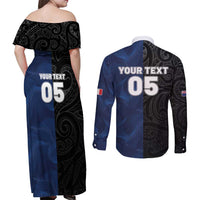 France And New Zealand Rugby Custom Couples Matching Off Shoulder Maxi Dress and Long Sleeve Button Shirt Les Bleus Rooster With Maori Tiki LT05 - Polynesian Pride