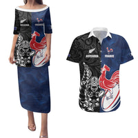 France And New Zealand Rugby Custom Couples Matching Puletasi and Hawaiian Shirt Les Bleus Rooster With Maori Tiki LT05 Black - Polynesian Pride