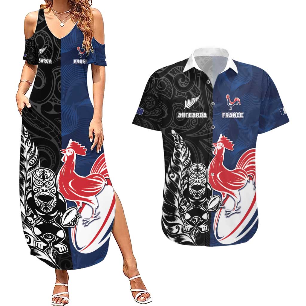 France And New Zealand Rugby Custom Couples Matching Summer Maxi Dress and Hawaiian Shirt Les Bleus Rooster With Maori Tiki LT05 Black - Polynesian Pride