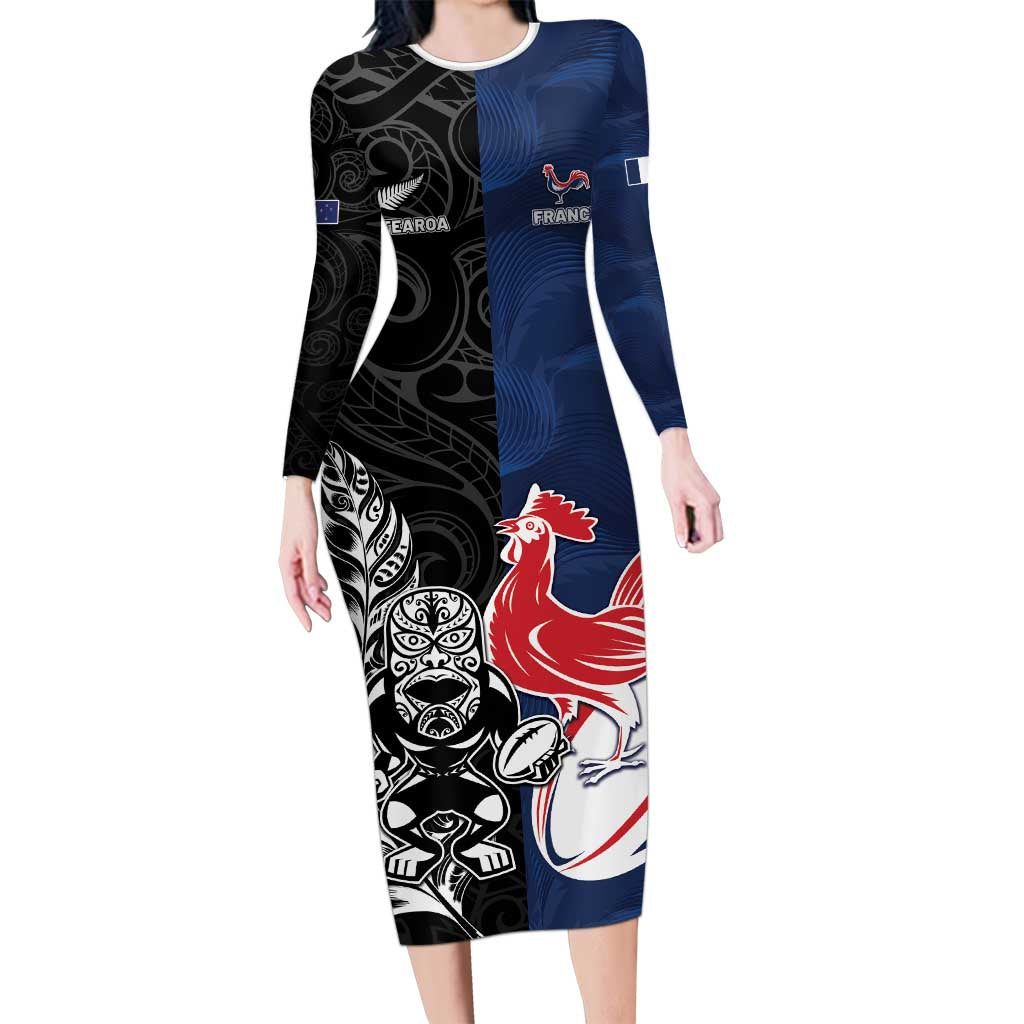 France And New Zealand Rugby Custom Family Matching Long Sleeve Bodycon Dress and Hawaiian Shirt Les Bleus Rooster With Maori Tiki LT05 Mom's Dress Black - Polynesian Pride