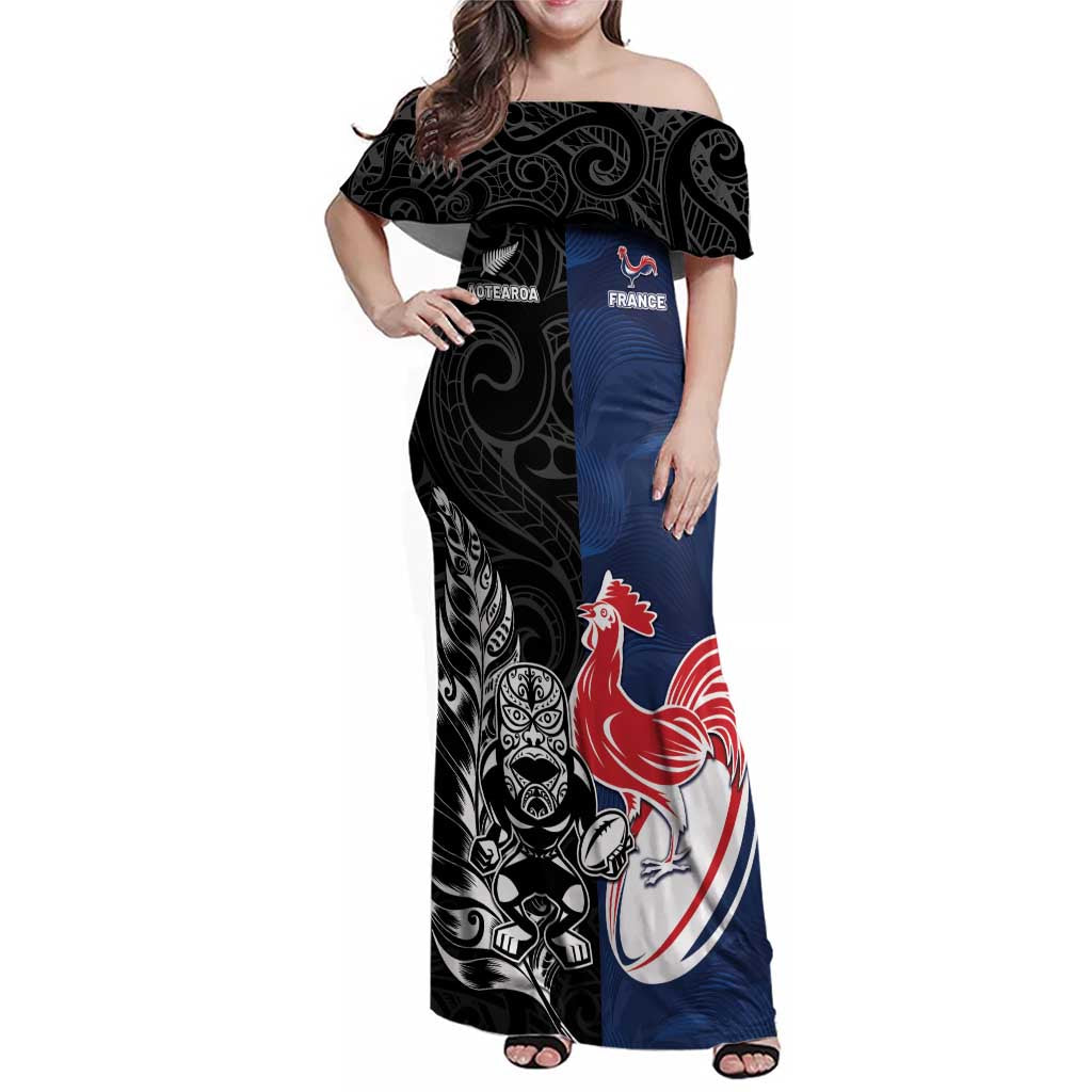 France And New Zealand Rugby Custom Family Matching Off Shoulder Maxi Dress and Hawaiian Shirt Les Bleus Rooster With Maori Tiki LT05 Mom's Dress Black - Polynesian Pride