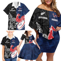 France And New Zealand Rugby Custom Family Matching Off Shoulder Short Dress and Hawaiian Shirt Les Bleus Rooster With Maori Tiki LT05 - Polynesian Pride