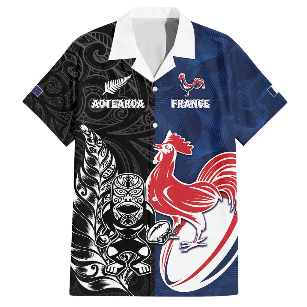 France And New Zealand Rugby Custom Family Matching Off Shoulder Short Dress and Hawaiian Shirt Les Bleus Rooster With Maori Tiki LT05 Dad's Shirt - Short Sleeve Black - Polynesian Pride