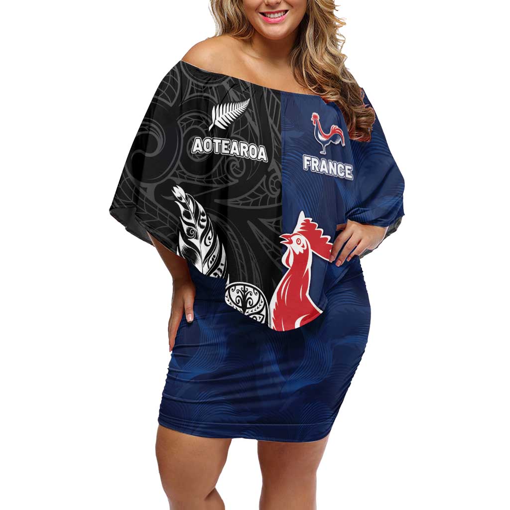 France And New Zealand Rugby Custom Family Matching Off Shoulder Short Dress and Hawaiian Shirt Les Bleus Rooster With Maori Tiki LT05 Mom's Dress Black - Polynesian Pride