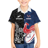 France And New Zealand Rugby Custom Family Matching Off Shoulder Short Dress and Hawaiian Shirt Les Bleus Rooster With Maori Tiki LT05 Son's Shirt Black - Polynesian Pride