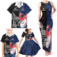 France And New Zealand Rugby Custom Family Matching Tank Maxi Dress and Hawaiian Shirt Les Bleus Rooster With Maori Tiki LT05 - Polynesian Pride