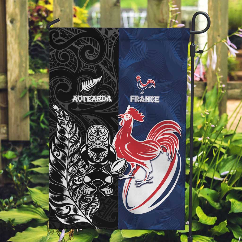 France And New Zealand Rugby Garden Flag Les Bleus Rooster With Maori Tiki LT05 Garden Flag Black - Polynesian Pride