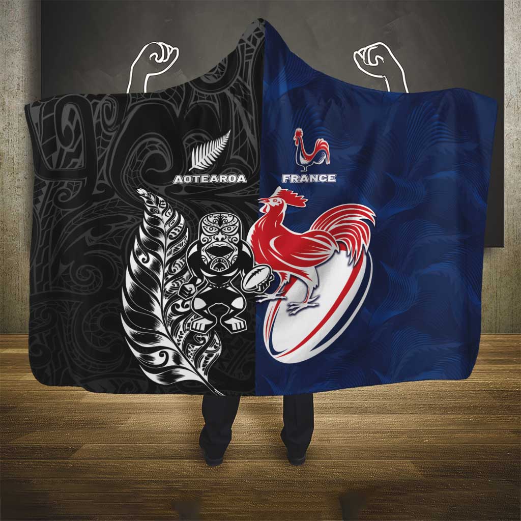 France And New Zealand Rugby Hooded Blanket Les Bleus Rooster With Maori Tiki LT05 - Polynesian Pride