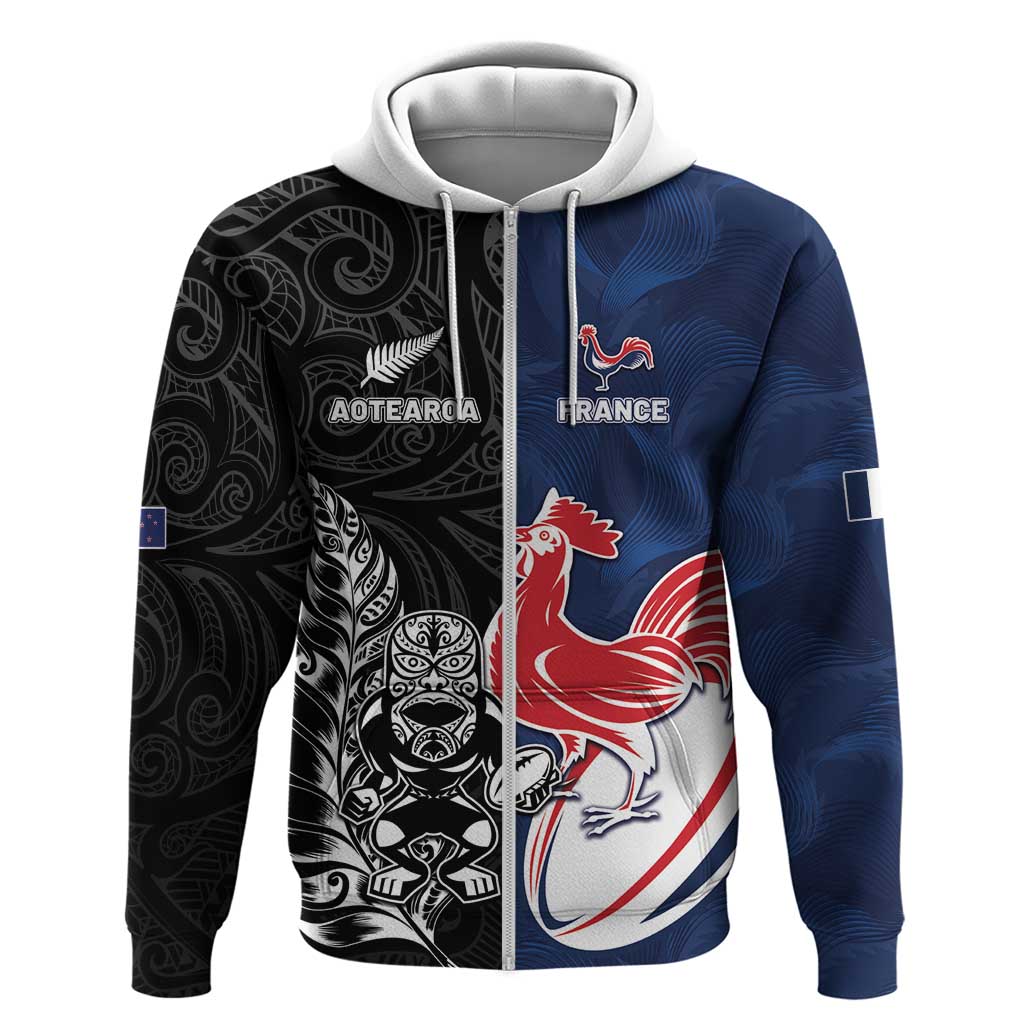 France And New Zealand Rugby Custom Hoodie Les Bleus Rooster With Maori Tiki LT05 Zip Hoodie Black - Polynesian Pride