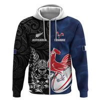 France And New Zealand Rugby Custom Hoodie Les Bleus Rooster With Maori Tiki LT05 Zip Hoodie Black - Polynesian Pride