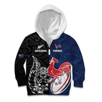 France And New Zealand Rugby Custom Kid Hoodie Les Bleus Rooster With Maori Tiki LT05 Zip Hoodie Black - Polynesian Pride