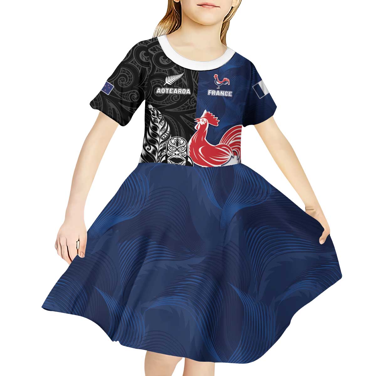 France And New Zealand Rugby Custom Kid Short Sleeve Dress Les Bleus Rooster With Maori Tiki LT05 - Polynesian Pride