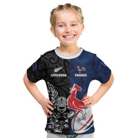 France And New Zealand Rugby Custom Kid T Shirt Les Bleus Rooster With Maori Tiki LT05 Black - Polynesian Pride