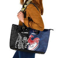 France And New Zealand Rugby Leather Tote Bag Les Bleus Rooster With Maori Tiki LT05 Black - Polynesian Pride