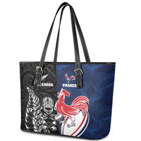 France And New Zealand Rugby Leather Tote Bag Les Bleus Rooster With Maori Tiki LT05 - Polynesian Pride