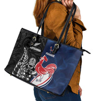 France And New Zealand Rugby Leather Tote Bag Les Bleus Rooster With Maori Tiki LT05 - Polynesian Pride