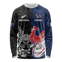 France And New Zealand Rugby Custom Long Sleeve Shirt Les Bleus Rooster With Maori Tiki LT05 Unisex Black - Polynesian Pride