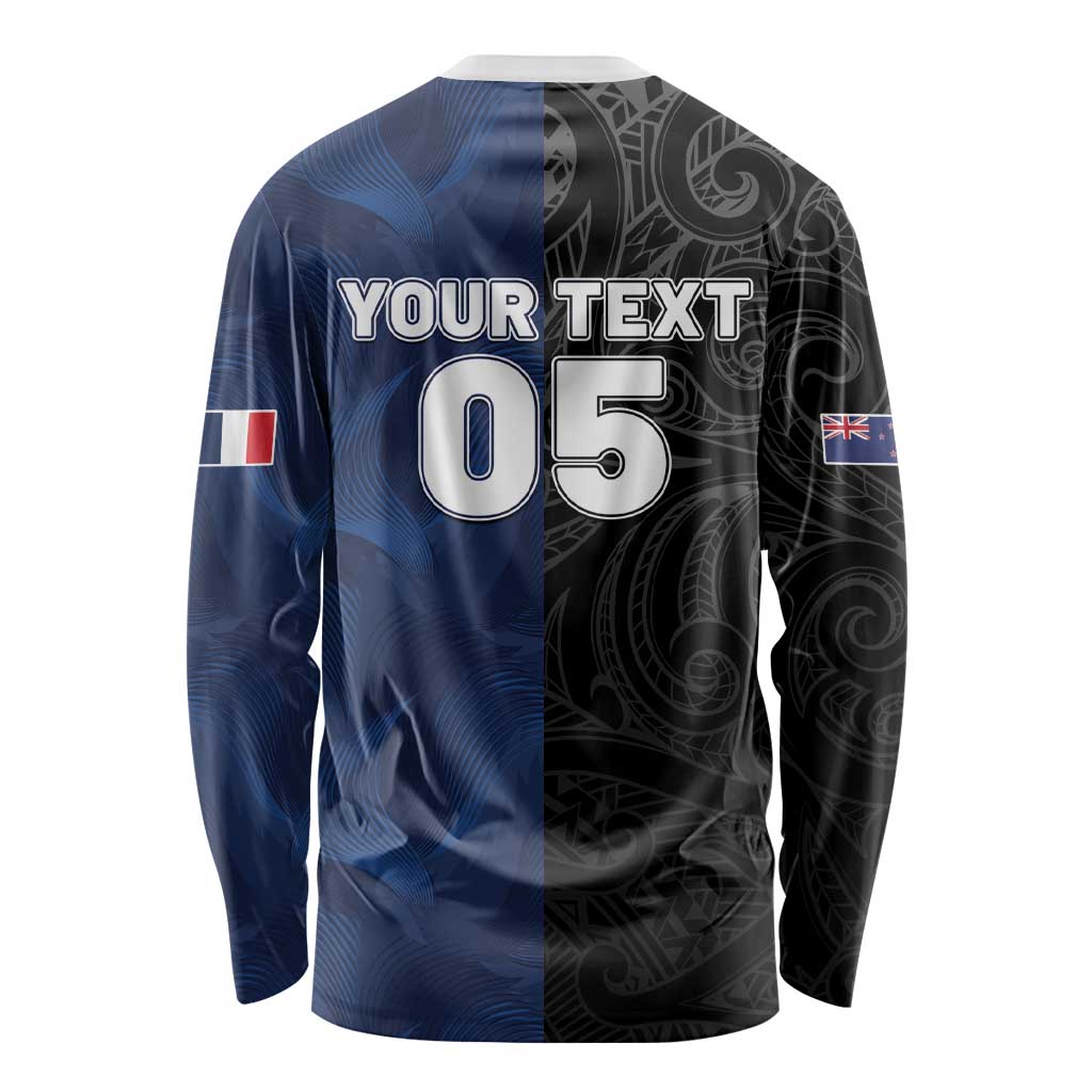 France And New Zealand Rugby Custom Long Sleeve Shirt Les Bleus Rooster With Maori Tiki LT05 - Polynesian Pride