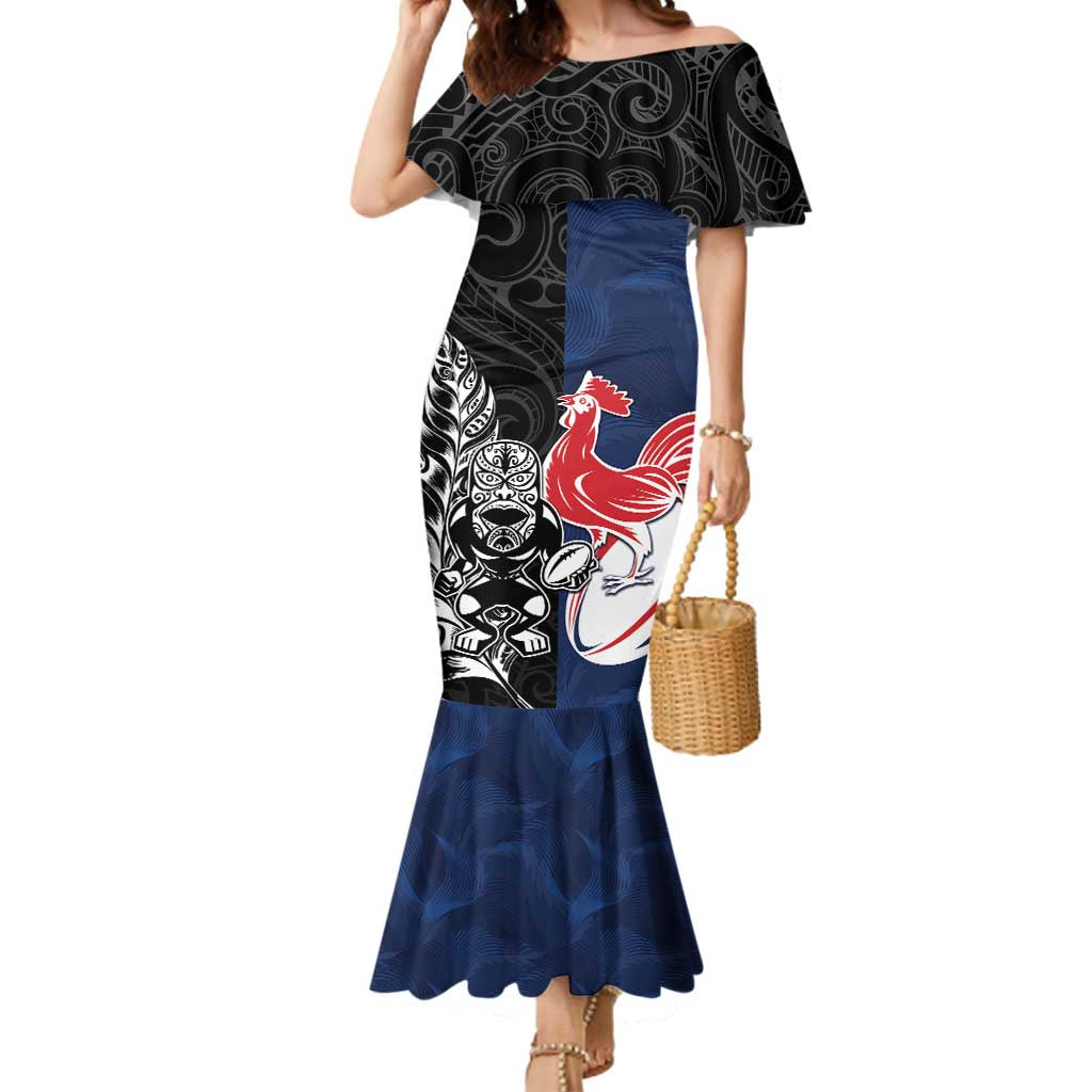 France And New Zealand Rugby Custom Mermaid Dress Les Bleus Rooster With Maori Tiki LT05 Women Black - Polynesian Pride
