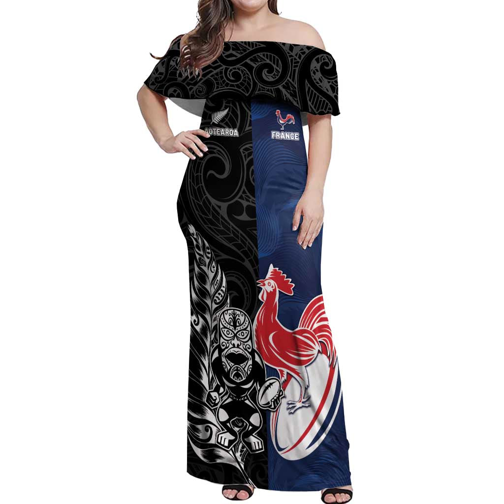 France And New Zealand Rugby Custom Off Shoulder Maxi Dress Les Bleus Rooster With Maori Tiki LT05 Women Black - Polynesian Pride