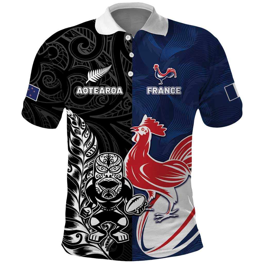 France And New Zealand Rugby Custom Polo Shirt Les Bleus Rooster With Maori Tiki LT05 Black - Polynesian Pride
