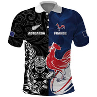 France And New Zealand Rugby Custom Polo Shirt Les Bleus Rooster With Maori Tiki LT05 Black - Polynesian Pride