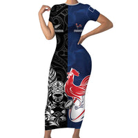 France And New Zealand Rugby Custom Short Sleeve Bodycon Dress Les Bleus Rooster With Maori Tiki LT05 Long Dress Black - Polynesian Pride