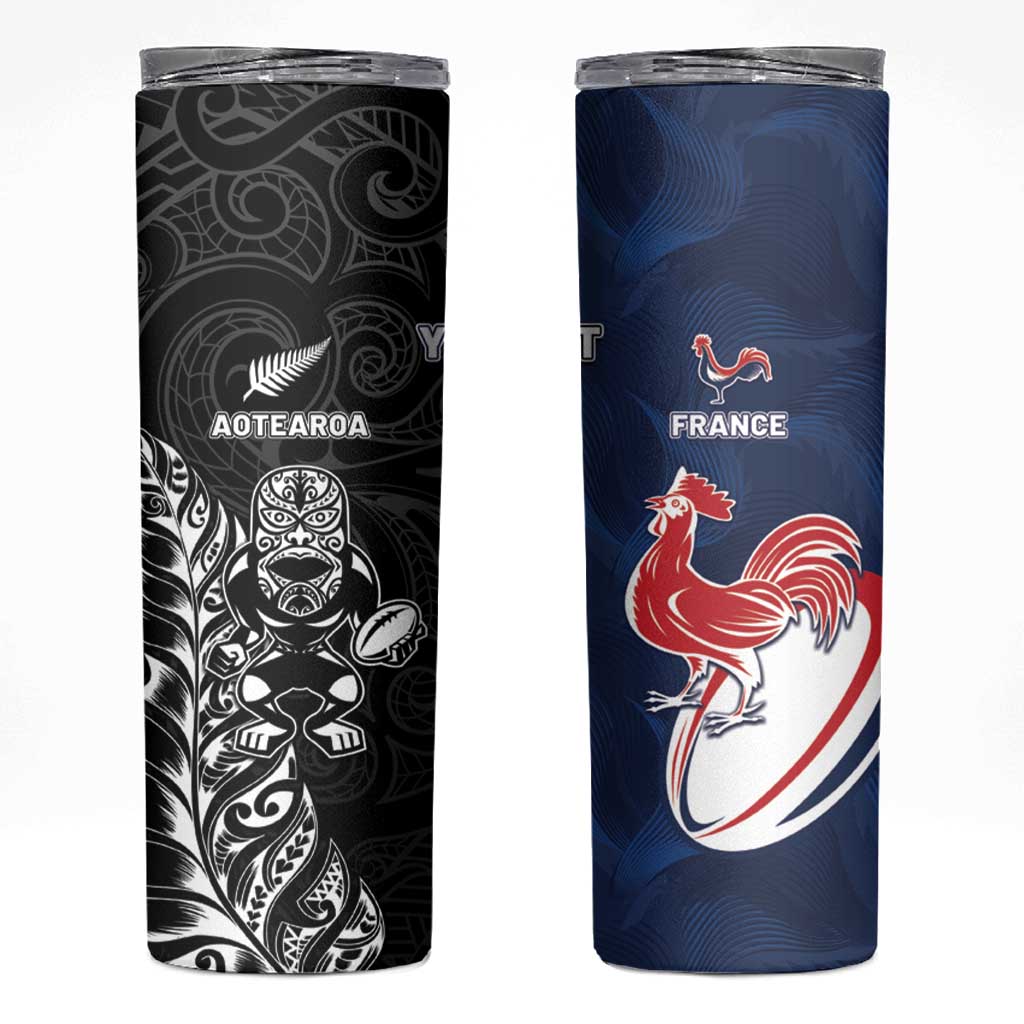 France And New Zealand Rugby Custom Skinny Tumbler Les Bleus Rooster With Maori Tiki LT05 Black - Polynesian Pride