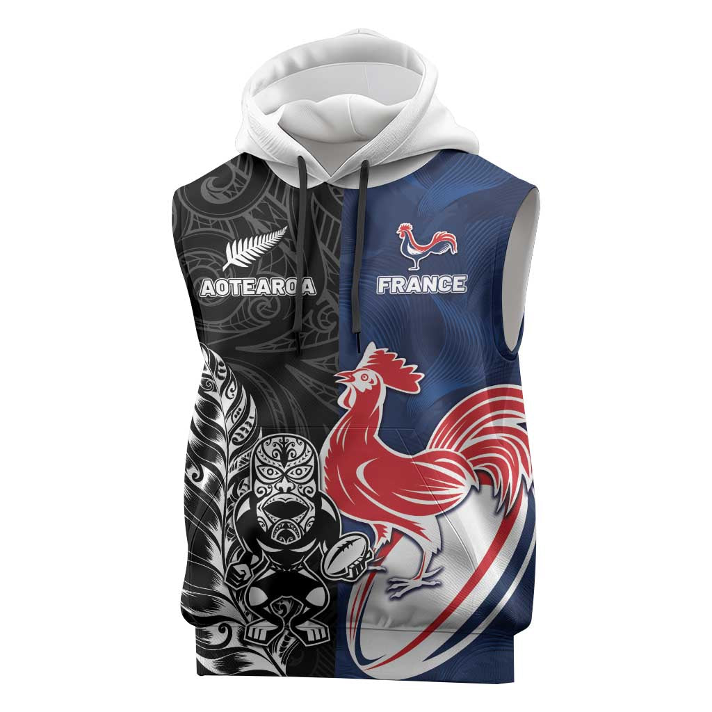France And New Zealand Rugby Custom Sleeveless Hoodie Les Bleus Rooster With Maori Tiki LT05 Black - Polynesian Pride